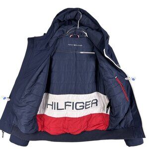 Tommy Hilfiger Mens M Womens L Navy Blue Zipper Hooded Jacket Logo Lined Preppy